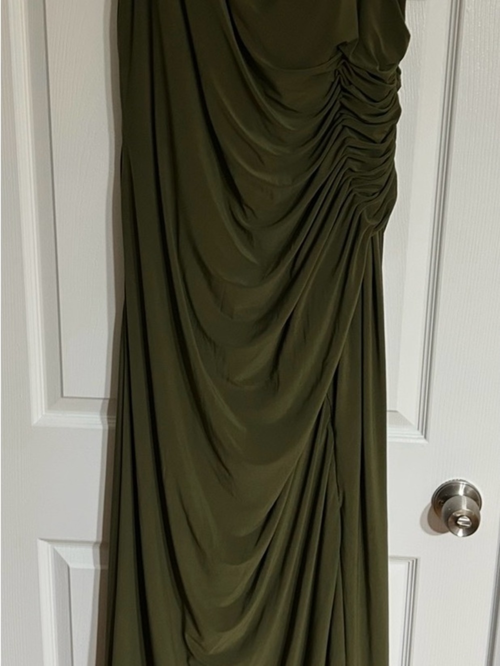 Mac Duggal Olive Green Draped Ruched Prom Gown